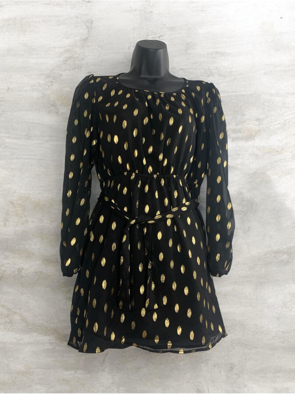 INC International Concepts Black Mini Dress with Gold Dot Print